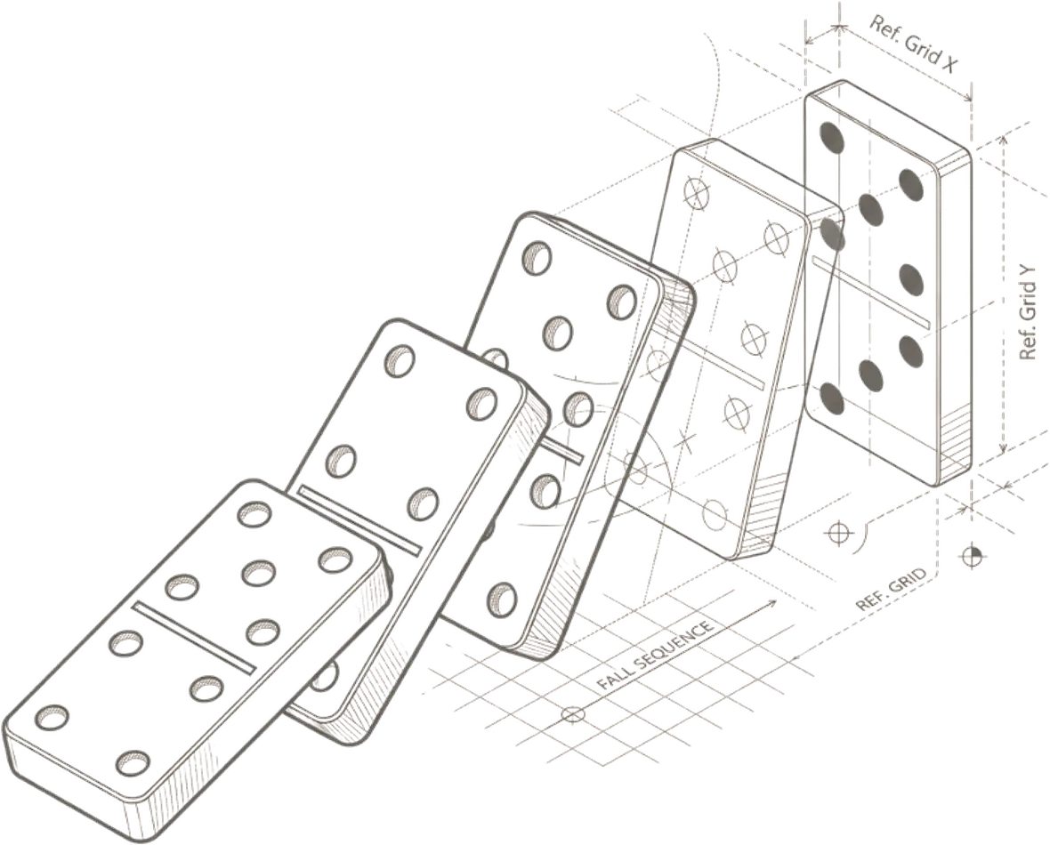 Technical drawing of five dominoes mid-fall, annotated with a fall sequence arrow and reference grid. One push carries through the whole line.
