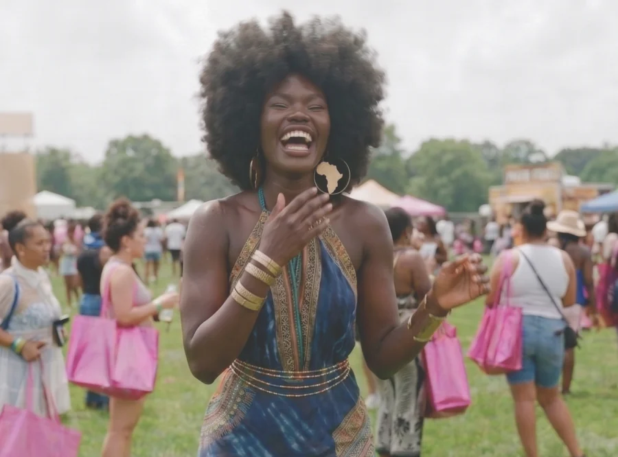 Festival attendee mid laugh on the field at a community beauty festival